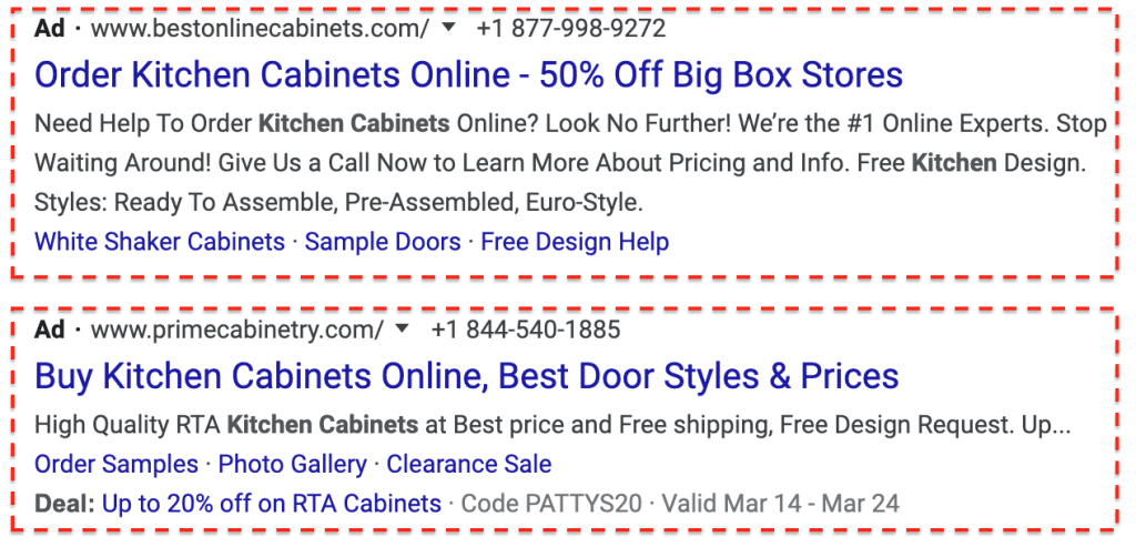 Text ads for the buy kitchen cabinets google search.