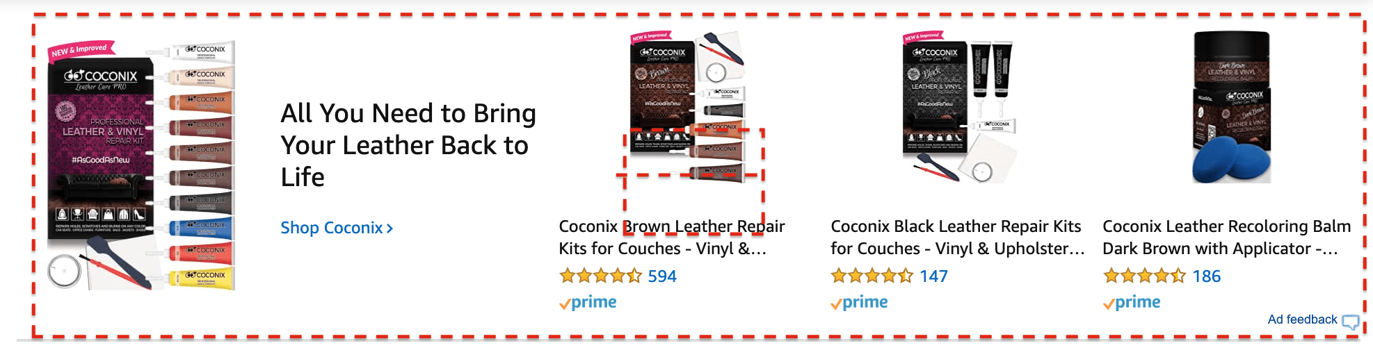 Amazon ads when searching for leather fix products